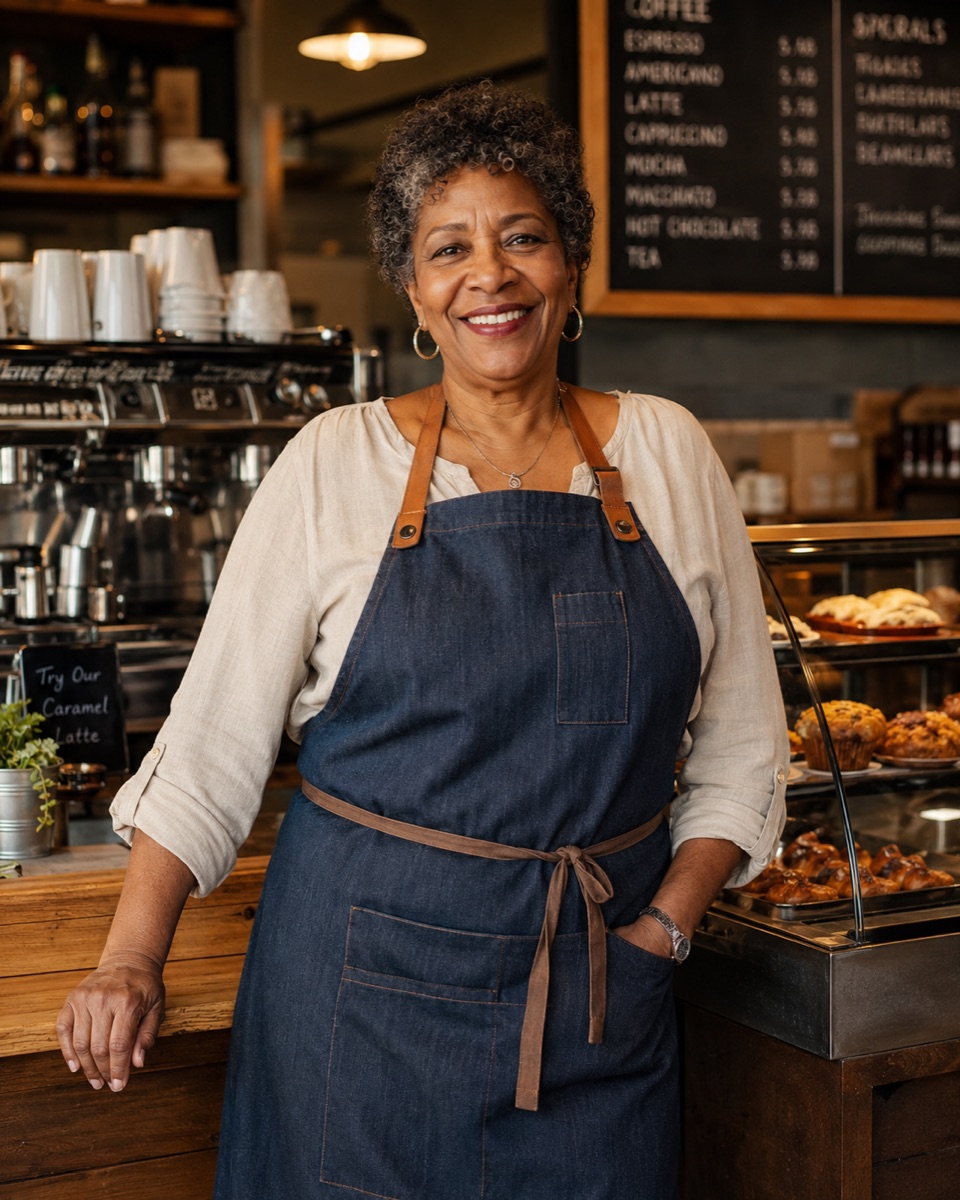 A proud local coffee-shop owner standing inside her business